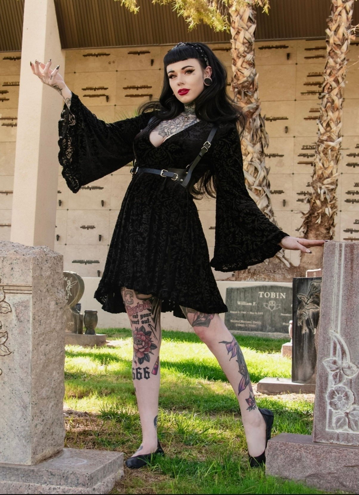 Nyx - Bell Sleeved Velvet Damask Dress with Harness – ElleRebel