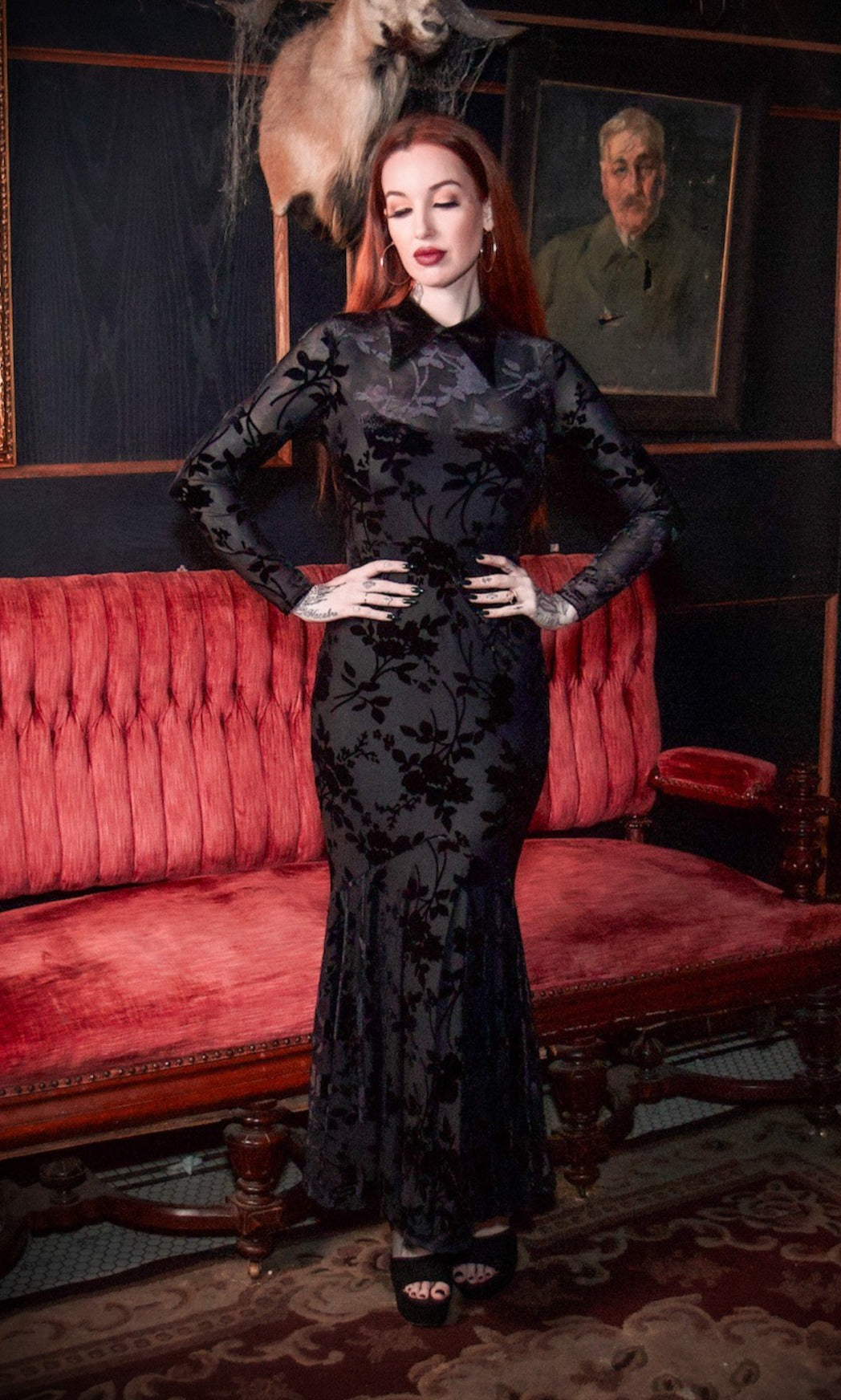 Ophelia - Velvet Flocked Lace Up Maxi Mermaid Dress XS Ophelia - Velvet Flocked Lace Up Maxi Mermaid Dress XS