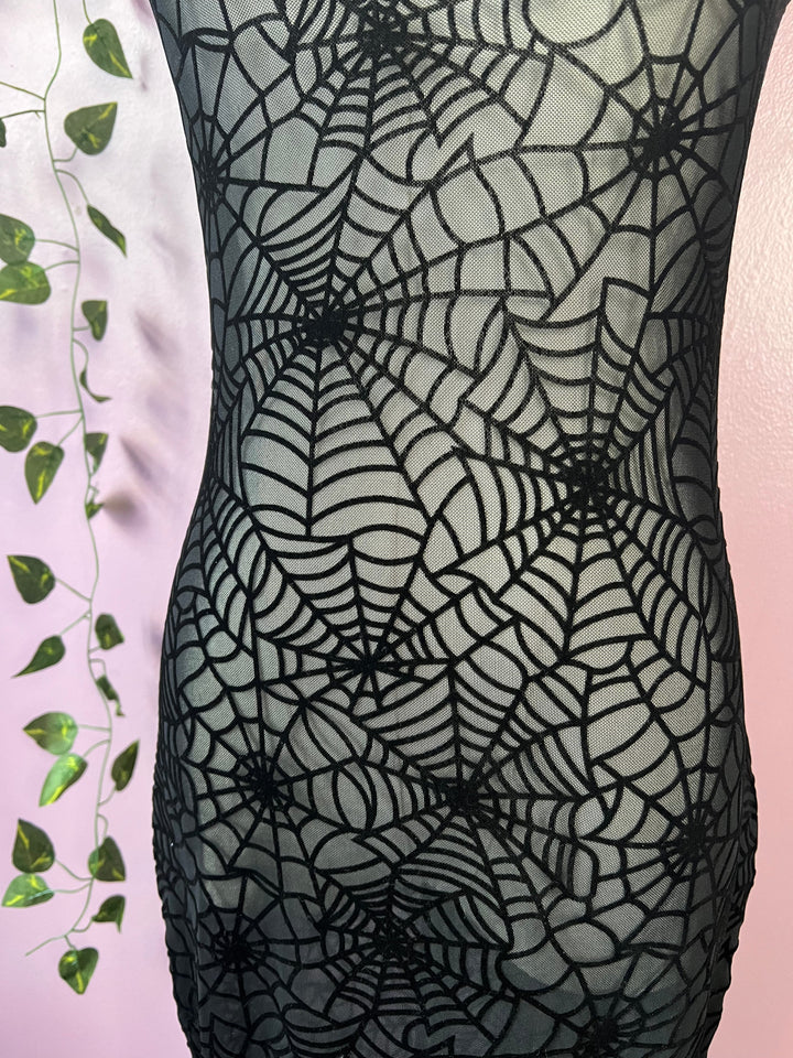 Sheer Hourglass Maxi Dress - Velvet Flocked Spider Webs XL
