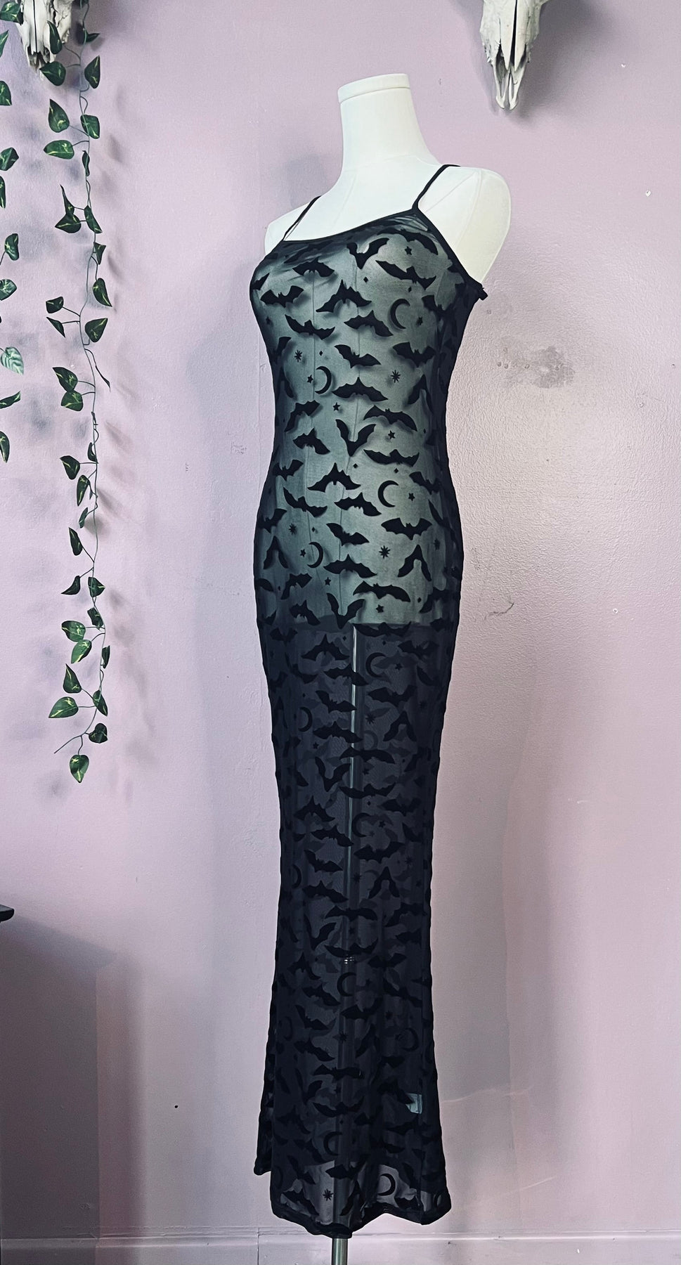 Sheer Hourglass Maxi Dress - Velvet Flocked Bats XL Sheer Hourglass Maxi Dress - Velvet Flocked Bats XL