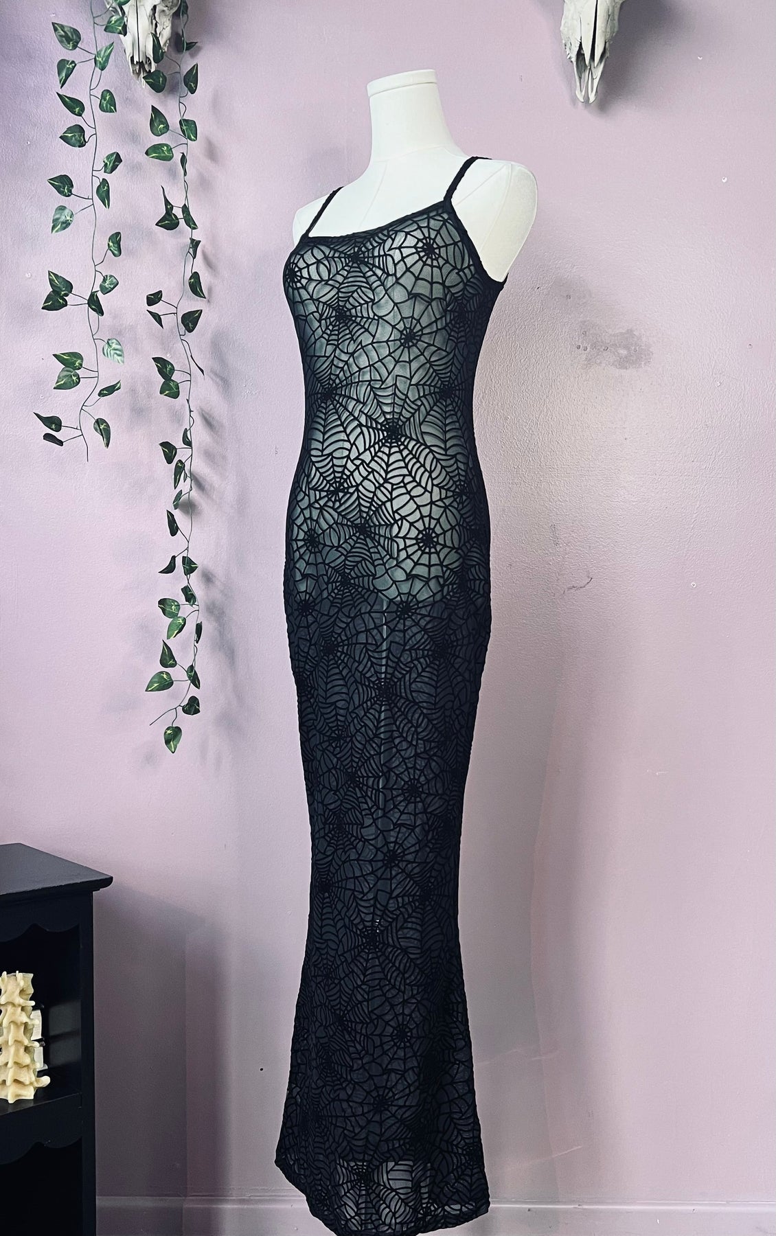 Sheer Hourglass Maxi Dress - Velvet Flocked Spider Webs XL Sheer Hourglass Maxi Dress - Velvet Flocked Spider Webs XL