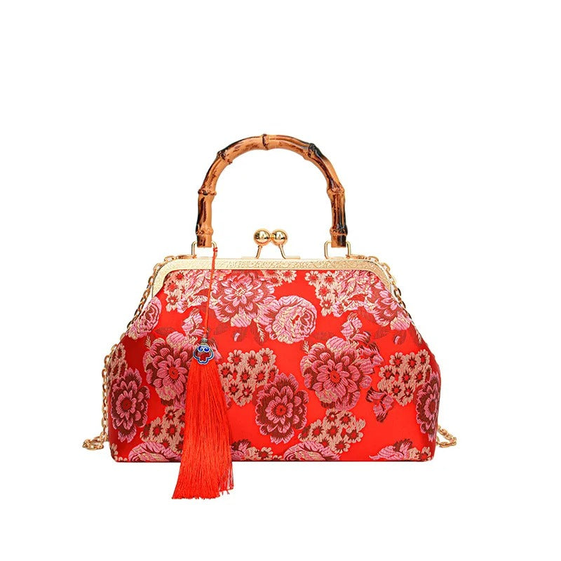 Red Embroidered Floral Print Bamboo Handle Purse – ElleRebel