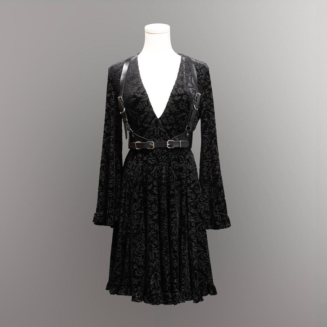 Nyx - Bell Sleeved Velvet Damask Dress with Harness – ElleRebel